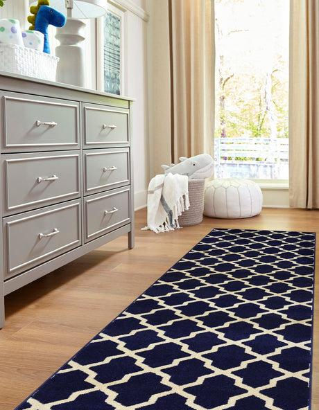 Navy Blue 2' 7 x 10' Trellis Runner Area Rug Geometric Modern Unique Durable Easy Clean Carpet for Contemporary Interior Design for Sale at Rug Engine
