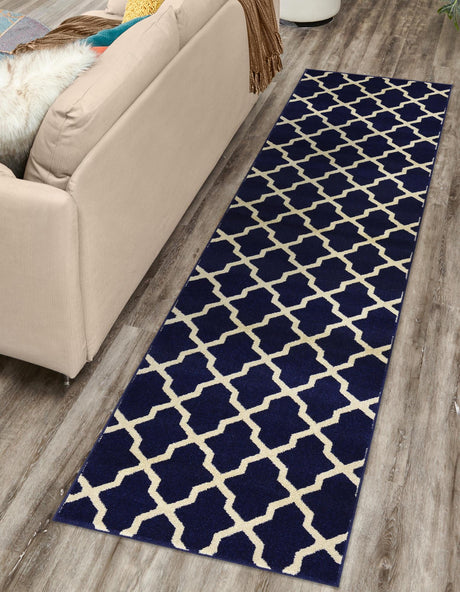 Navy Blue 2' 7 x 10' Trellis Runner Area Rug Geometric Modern Unique Durable Easy Clean Carpet for Contemporary Interior Design for Sale at Rug Engine