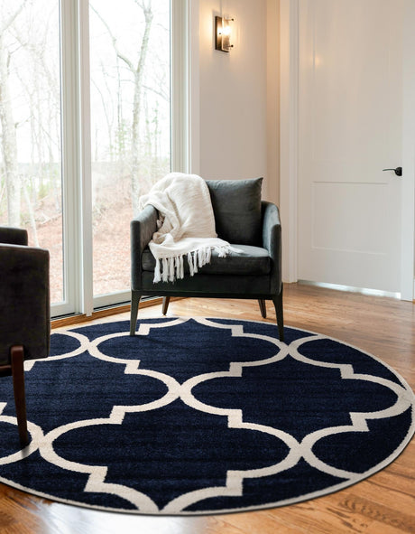 Navy Blue 6' 1 x 6' 1 Trellis Round Area Rug Geometric Modern Unique Durable Easy Clean Carpet for Contemporary Interior Design for Sale at Rug Engine