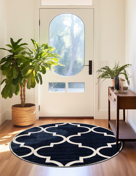 Navy Blue 7' 10 x 7' 10 Trellis Round Area Rug Geometric Modern Unique Durable Easy Clean Carpet for Contemporary Interior Design for Sale at Rug Engine