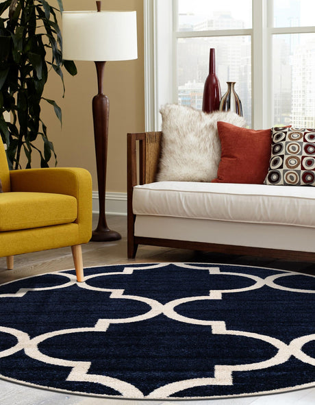 Navy Blue 6' 1 x 6' 1 Trellis Round Area Rug Geometric Modern Unique Durable Easy Clean Carpet for Contemporary Interior Design for Sale at Rug Engine