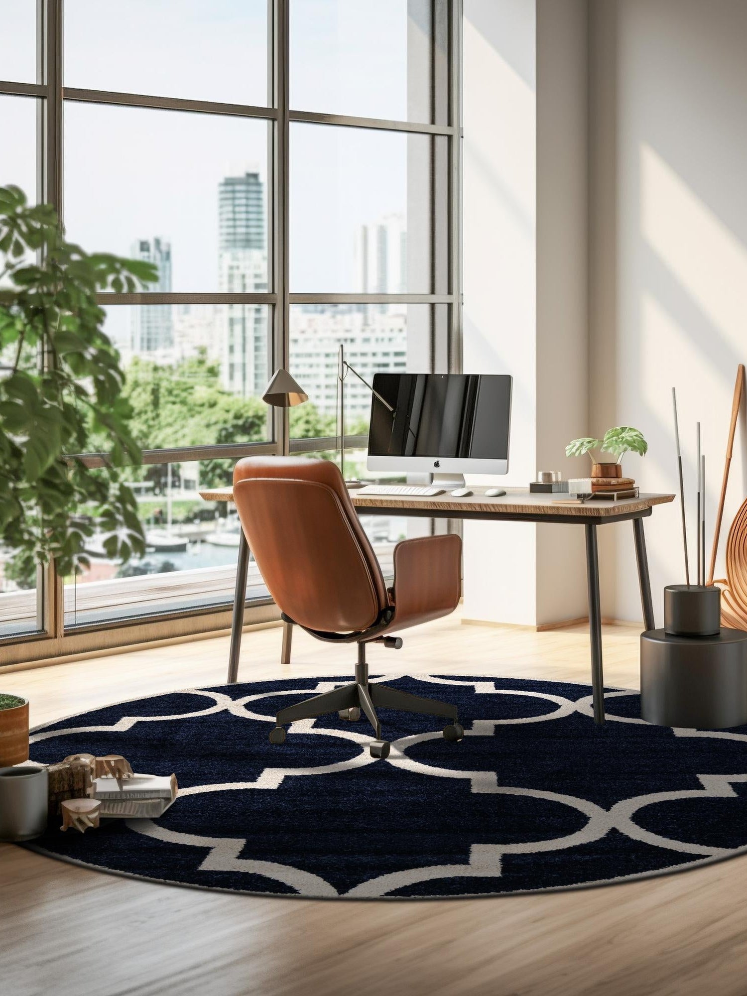 Navy Blue 7' 10 x 7' 10 Trellis Round Area Rug