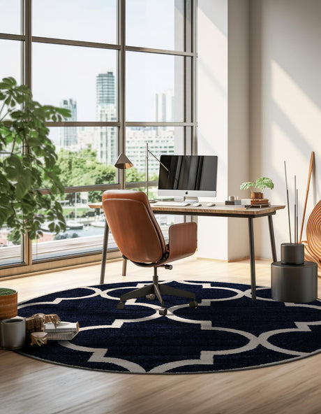 Navy Blue 7' 10 x 7' 10 Trellis Round Area Rug Geometric Modern Unique Durable Easy Clean Carpet for Contemporary Interior Design for Sale at Rug Engine