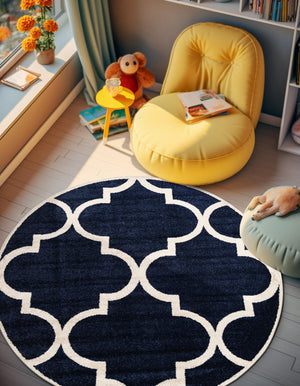 Navy Blue 7' 10 x 7' 10 Trellis Round Area Rug