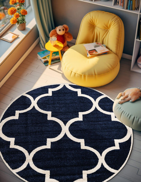 Navy Blue 7' 10 x 7' 10 Trellis Round Area Rug Geometric Modern Unique Durable Easy Clean Carpet for Contemporary Interior Design for Sale at Rug Engine