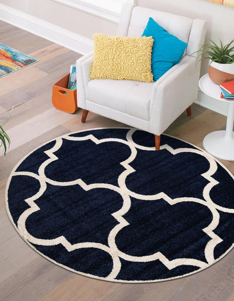 Navy Blue 7' 10 x 7' 10 Trellis Round Area Rug Geometric Modern Unique Durable Easy Clean Carpet for Contemporary Interior Design for Sale at Rug Engine