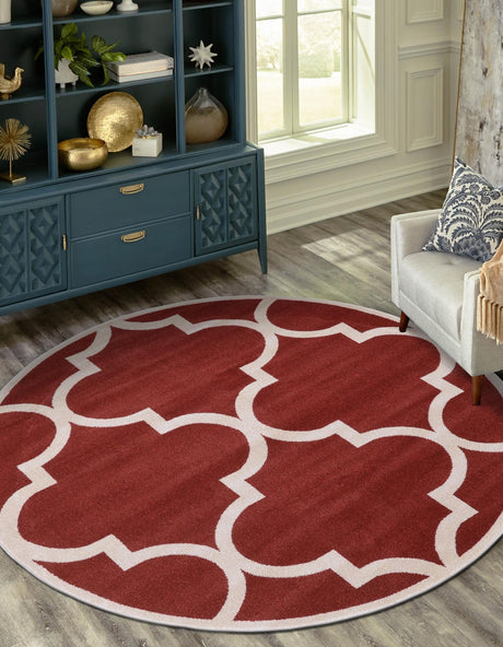 Rust Red 6' 1 x 6' 1 Trellis Round Area Rug Geometric Modern Unique Durable Easy Clean Carpet for Contemporary Interior Design for Sale at Rug Engine