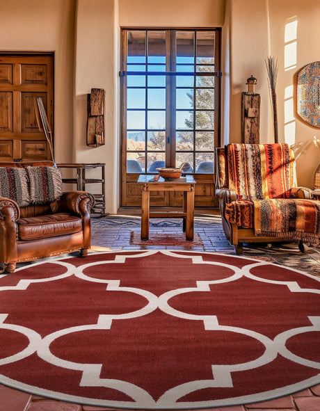 Rust Red 6' 1 x 6' 1 Trellis Round Area Rug Geometric Modern Unique Durable Easy Clean Carpet for Contemporary Interior Design for Sale at Rug Engine