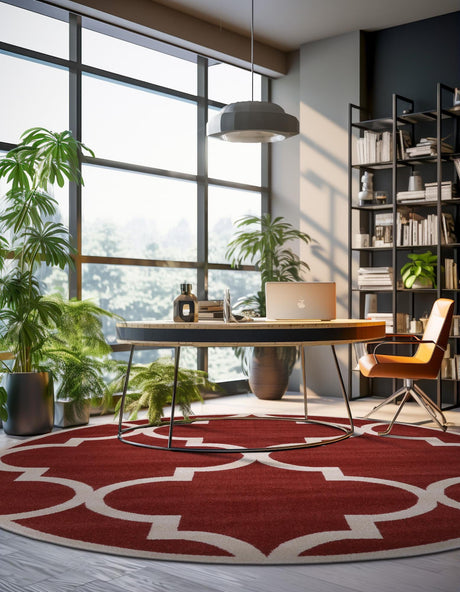 Rust Red 6' 1 x 6' 1 Trellis Round Area Rug Geometric Modern Unique Durable Easy Clean Carpet for Contemporary Interior Design for Sale at Rug Engine