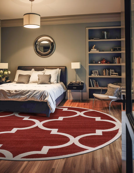 Rust Red 6' 1 x 6' 1 Trellis Round Area Rug Geometric Modern Unique Durable Easy Clean Carpet for Contemporary Interior Design for Sale at Rug Engine