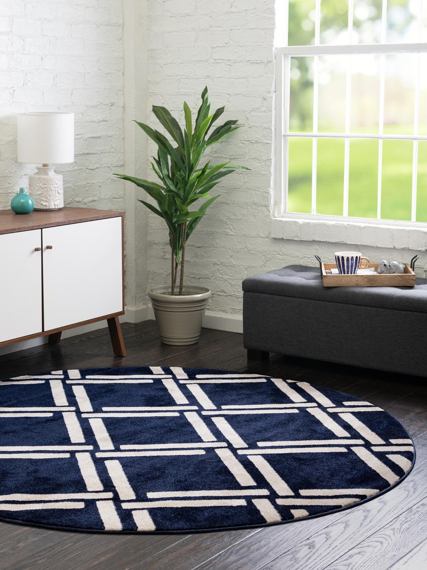 Navy Blue 3' 3 x 3' 3 Trellis Round Area Rug