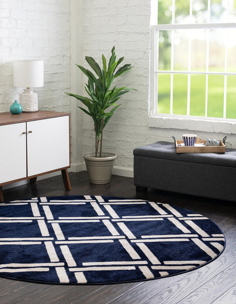 Navy Blue 3' 3 x 3' 3 Trellis Round Area Rug