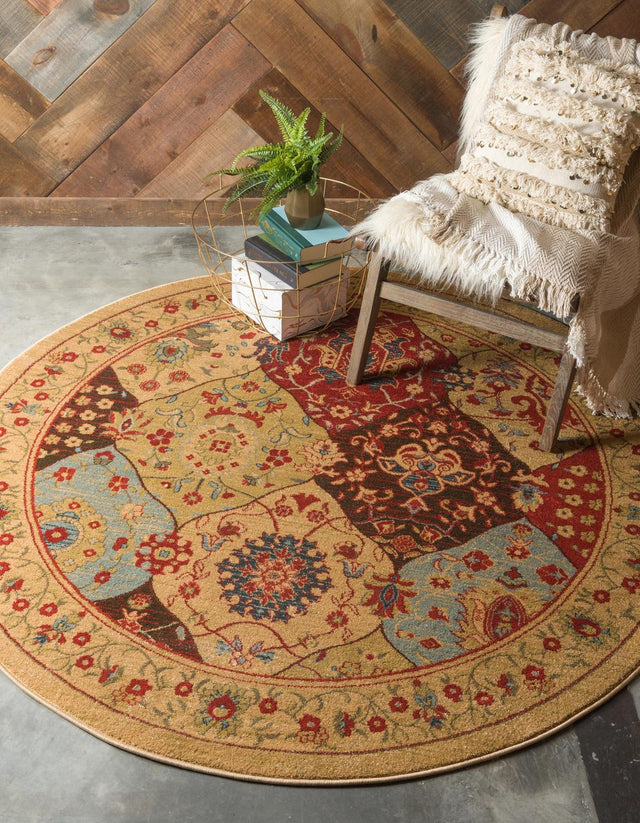 Tan 8' x 8' Edinburgh Round Area Rug 100% Polypropylene Easy Clean With Cotton Backing Traditional Classic Design Carpet for Living, Dining Room, Office for Sale at Rug Engine