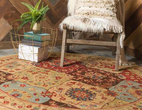 Tan 6' 1 x 6' 1 Edinburgh Round Area Rug 100% Polypropylene Easy Clean With Cotton Backing Traditional Classic Design Carpet for Living, Dining Room, Office for Sale at Rug Engine