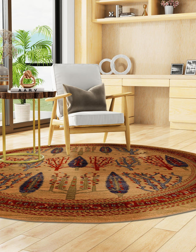 Tan 6' 1 x 6' 1 Fars Round Area Rug 100% Polypropylene Unique Traditional Carpet for Classical Living, Dining Room & Office Spaces for Sale at Rug Engine