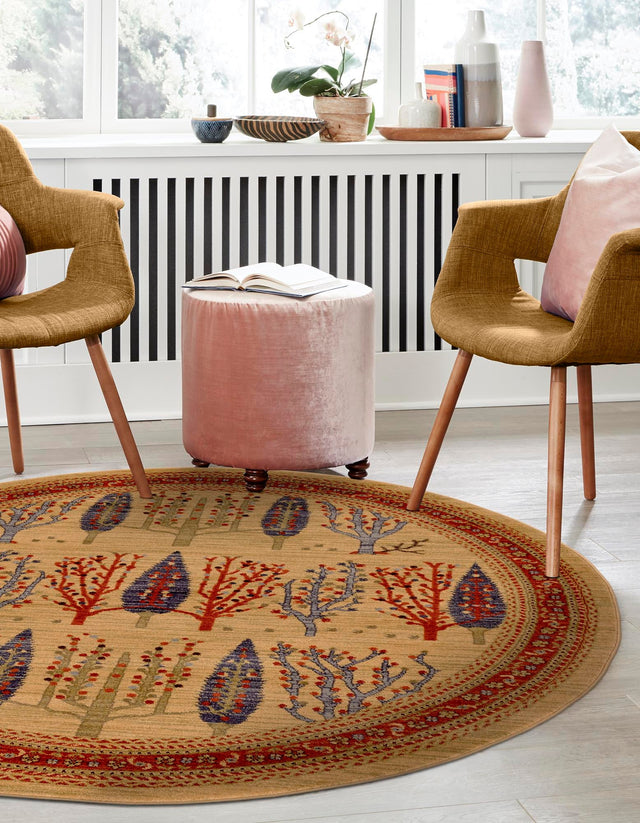 Tan 6' 1 x 6' 1 Fars Round Area Rug 100% Polypropylene Unique Traditional Carpet for Classical Living, Dining Room & Office Spaces for Sale at Rug Engine