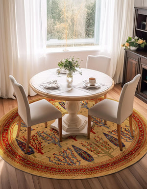 Tan 6' 1 x 6' 1 Fars Round Area Rug 100% Polypropylene Unique Traditional Carpet for Classical Living, Dining Room & Office Spaces for Sale at Rug Engine