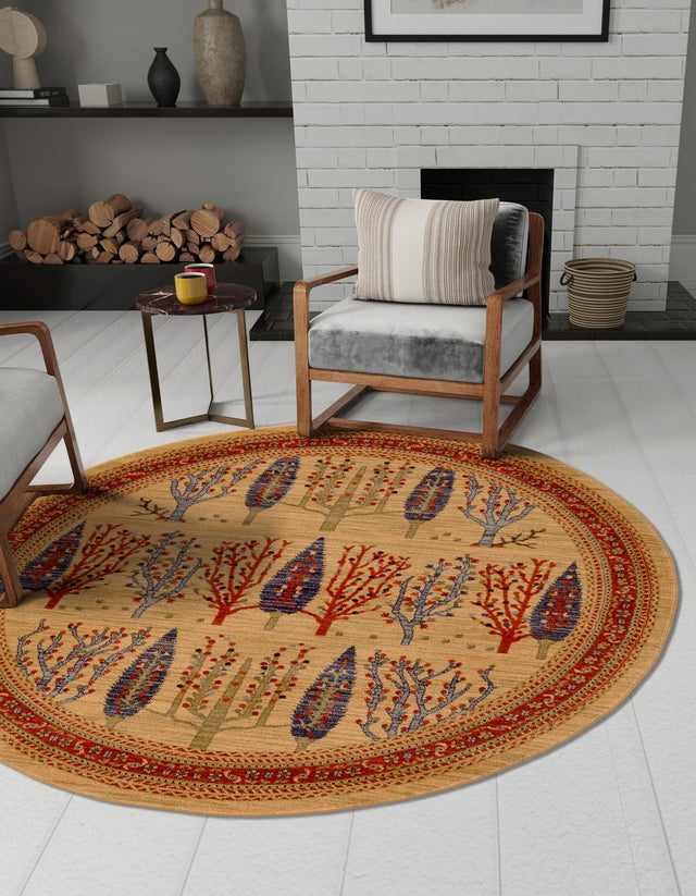 Tan 6' 1 x 6' 1 Fars Round Area Rug 100% Polypropylene Unique Traditional Carpet for Classical Living, Dining Room & Office Spaces for Sale at Rug Engine