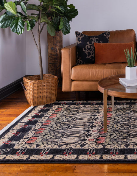 Black 7' 1 x 10' Edinburgh Rectangle Area Rug 100% Polypropylene Easy Clean With Cotton Backing Traditional Classic Design Carpet for Living, Dining Room, Office for Sale at Rug Engine