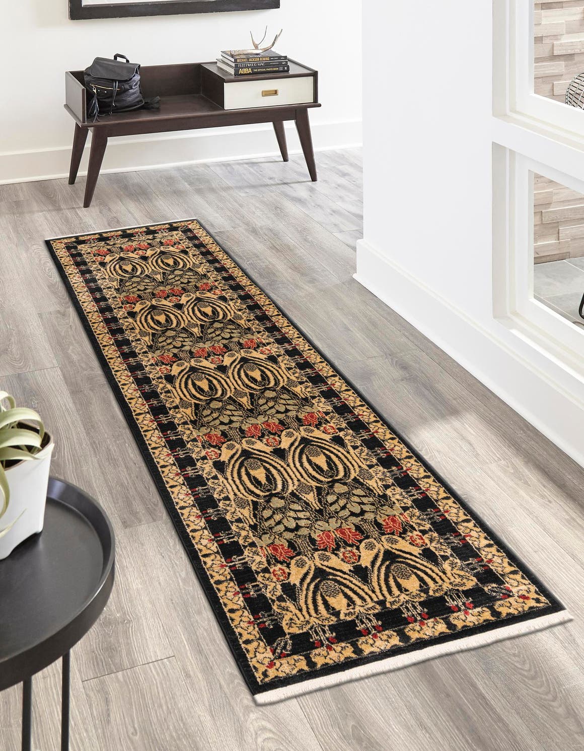 Black 2' 7 x 19' 8 Edinburgh Runner Area Rug 100% Polypropylene Easy Clean With Cotton Backing Traditional Classic Design Carpet for Living, Dining Room, Office for Sale at Rug Engine