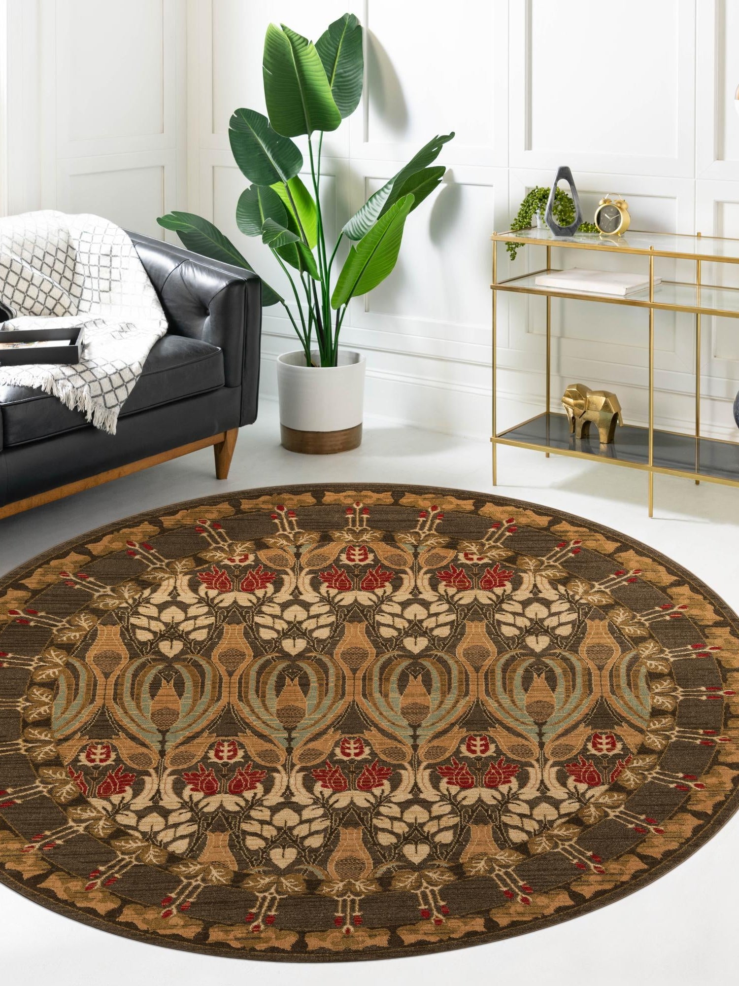Brown 6' 1 x 6' 1 Edinburgh Round Area Rug 100% Polypropylene Easy Clean With Cotton Backing Traditional Classic Design Carpet for Living, Dining Room, Office for Sale at Rug Engine