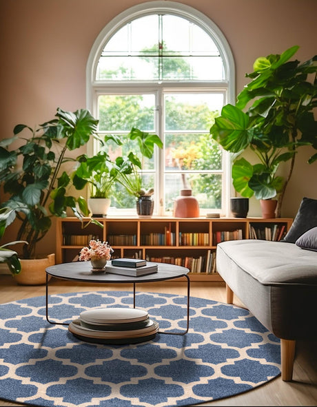 Light Blue 6' 1 x 6' 1 Trellis Round Area Rug Geometric Modern Unique Durable Easy Clean Carpet for Contemporary Interior Design for Sale at Rug Engine