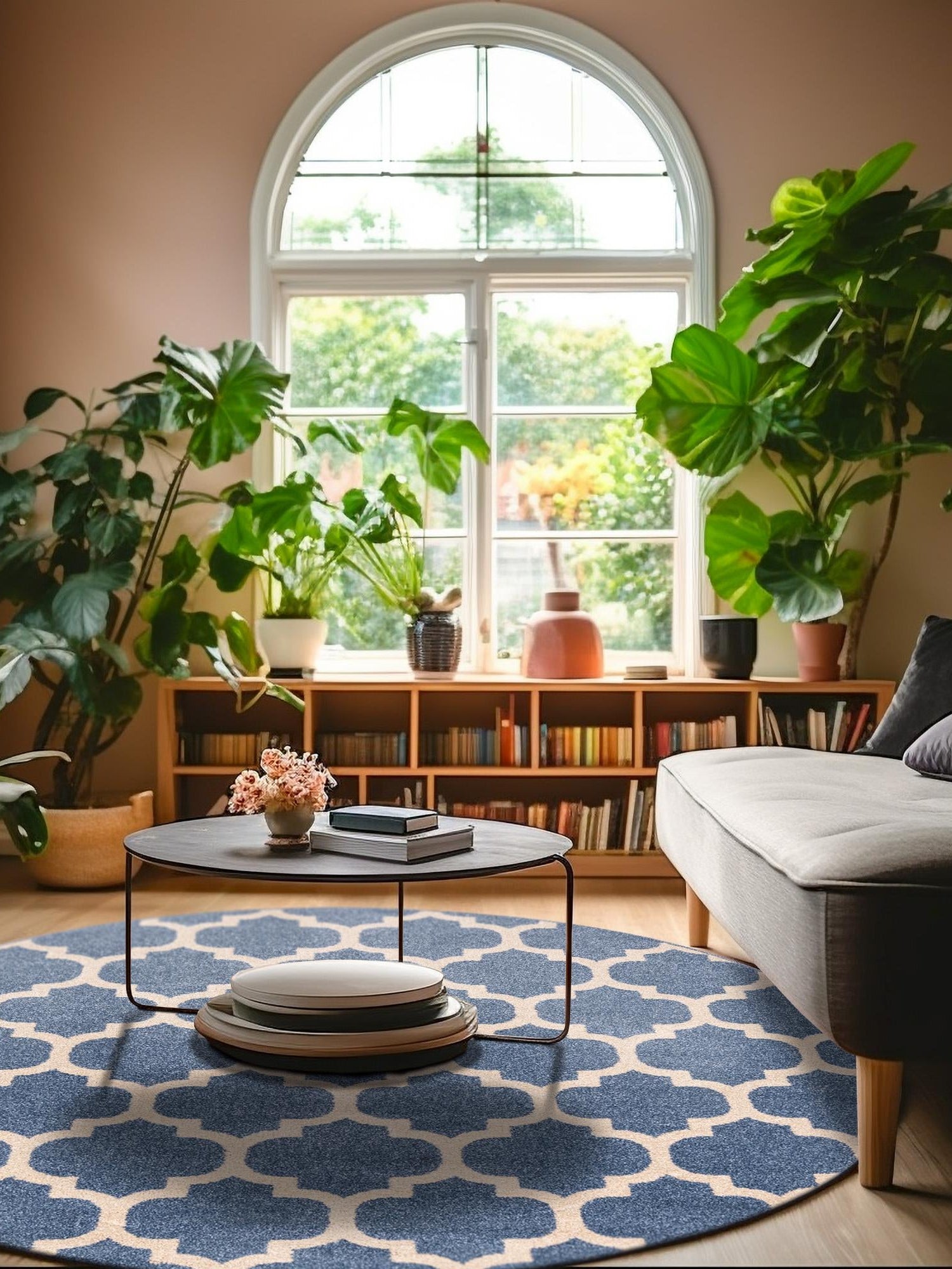 Light Blue 7' 10 x 7' 10 Trellis Round Area Rug