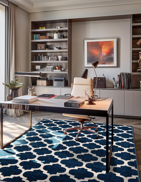Dark Blue 9' x 12' Trellis Rectangle Area Rug Geometric Modern Unique Durable Easy Clean Carpet for Contemporary Interior Design for Sale at Rug Engine
