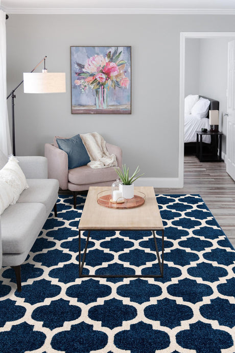 Dark Blue 5' 3 x 8' Trellis Rectangle Area Rug Geometric Modern Unique Durable Easy Clean Carpet for Contemporary Interior Design for Sale at Rug Engine