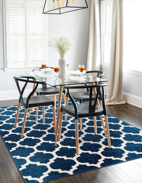 Dark Blue 6' 1 x 9' Trellis Rectangle Area Rug Geometric Modern Unique Durable Easy Clean Carpet for Contemporary Interior Design for Sale at Rug Engine