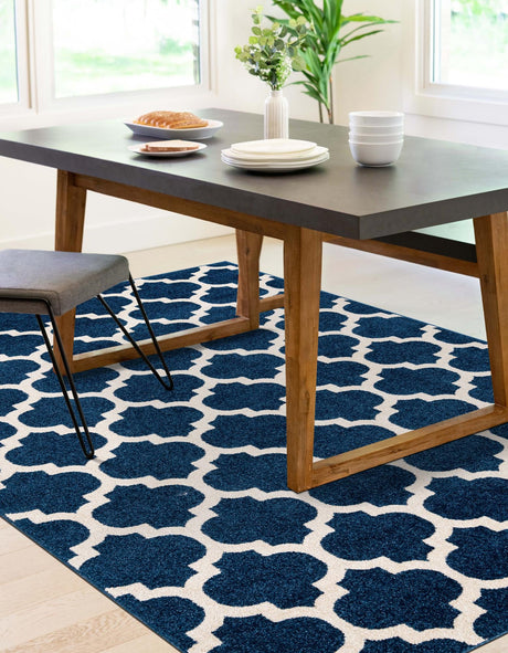 Dark Blue 3' 1 x 5' 3 Trellis Rectangle Area Rug Geometric Modern Unique Durable Easy Clean Carpet for Contemporary Interior Design for Sale at Rug Engine