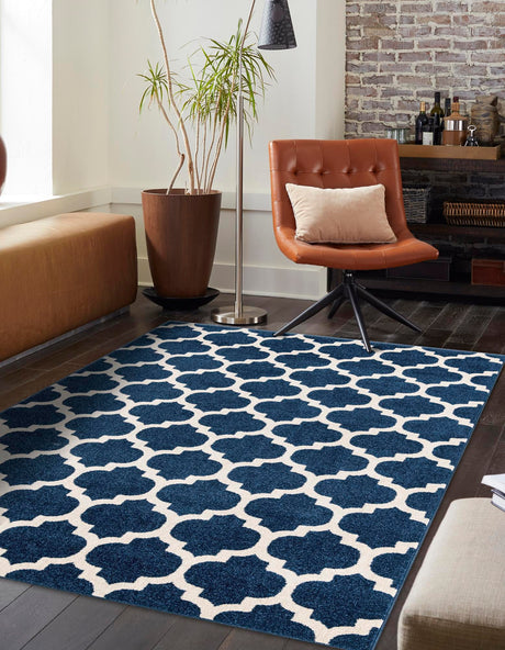 Dark Blue 5' 3 x 8' Trellis Rectangle Area Rug Geometric Modern Unique Durable Easy Clean Carpet for Contemporary Interior Design for Sale at Rug Engine