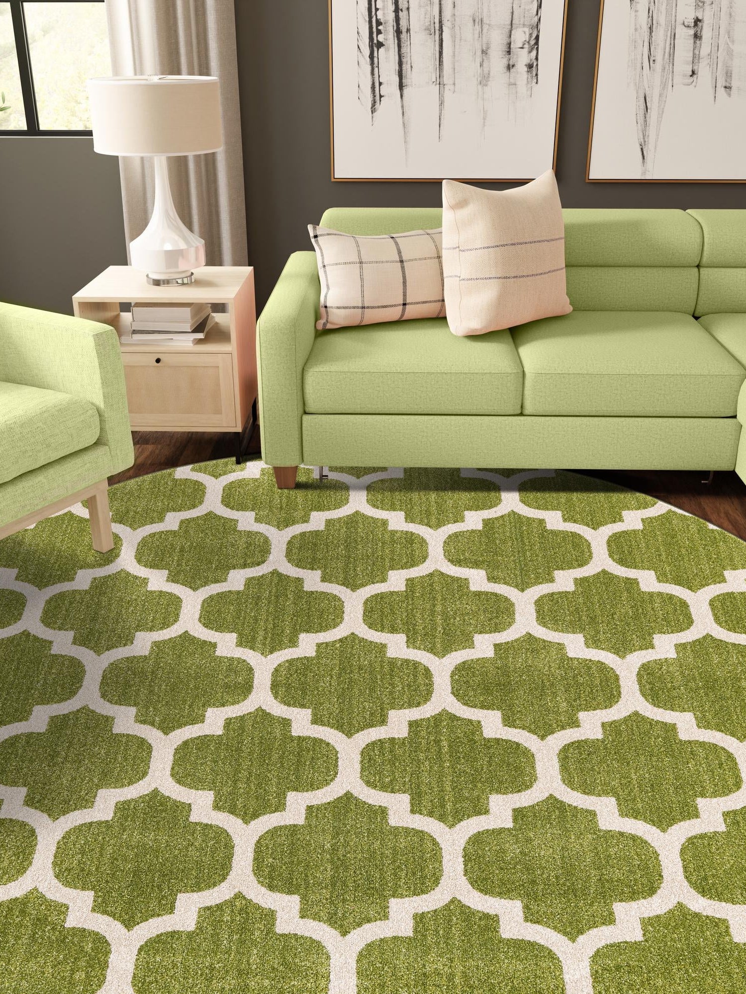 Light Green 6' 1 x 6' 1 Trellis Round Area Rug