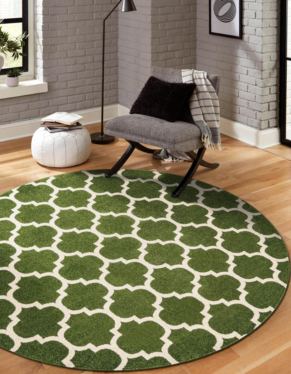 Dark Green 6' 1 x 6' 1 Trellis Round Area Rug Geometric Modern Unique ...