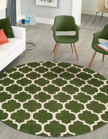 Dark Green 6' 1 x 6' 1 Trellis Round Area Rug Geometric Modern Unique Durable Easy Clean Carpet for Contemporary Interior Design for Sale at Rug Engine