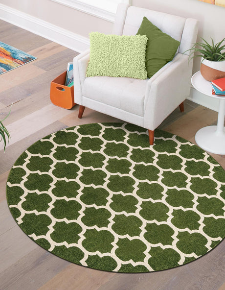 Dark Green 7' 10 x 7' 10 Trellis Round Area Rug Geometric Modern Unique Durable Easy Clean Carpet for Contemporary Interior Design for Sale at Rug Engine