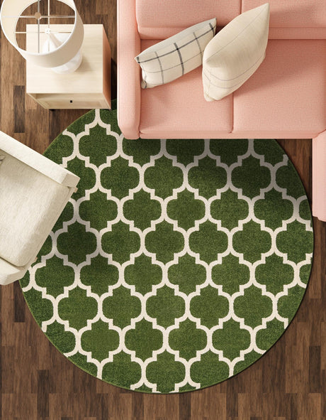 Dark Green 6' 1 x 6' 1 Trellis Round Area Rug Geometric Modern Unique Durable Easy Clean Carpet for Contemporary Interior Design for Sale at Rug Engine