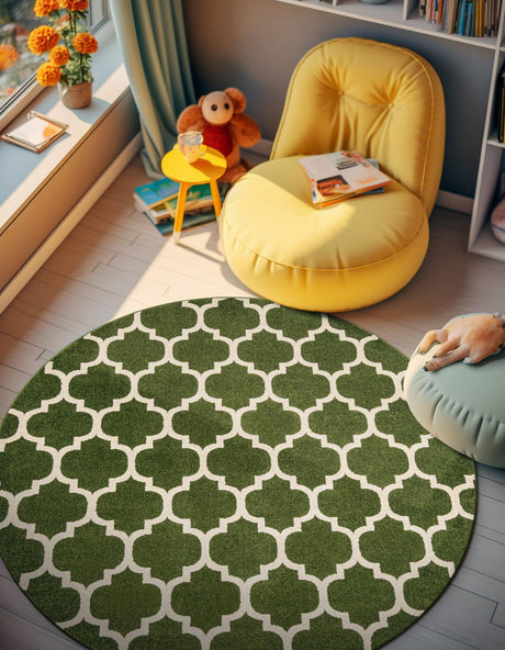 Dark Green 6' 1 x 6' 1 Trellis Round Area Rug Geometric Modern Unique Durable Easy Clean Carpet for Contemporary Interior Design for Sale at Rug Engine