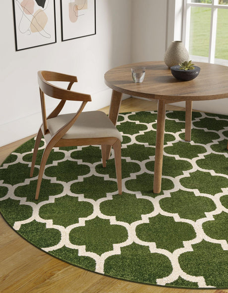 Dark Green 6' 1 x 6' 1 Trellis Round Area Rug Geometric Modern Unique Durable Easy Clean Carpet for Contemporary Interior Design for Sale at Rug Engine