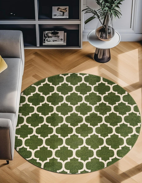 Dark Green 7' 10 x 7' 10 Trellis Round Area Rug Geometric Modern Unique Durable Easy Clean Carpet for Contemporary Interior Design for Sale at Rug Engine