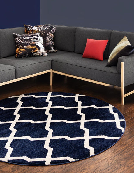 Navy Blue 3' 1 x 3' 1 Trellis Round Area Rug