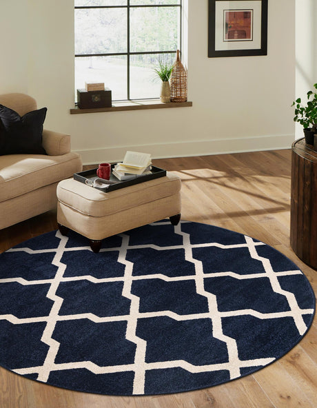 Navy Blue 7' 10 x 7' 10 Trellis Round Area Rug Geometric Modern Unique Durable Easy Clean Carpet for Contemporary Interior Design for Sale at Rug Engine