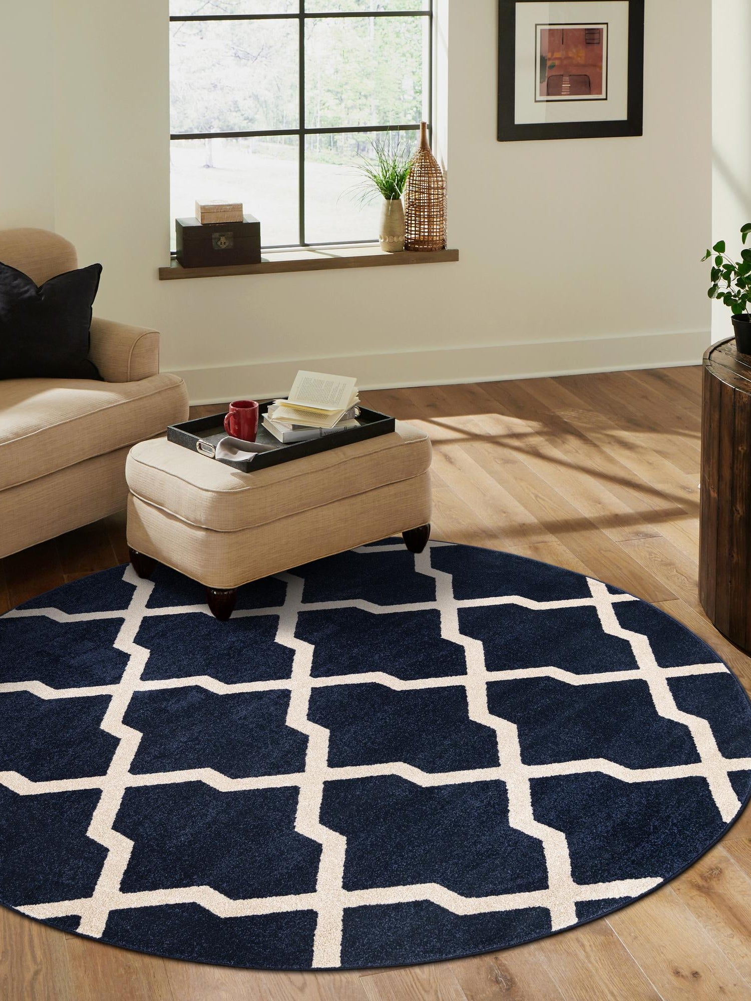 Navy Blue 3' 1 x 3' 1 Trellis Round Area Rug