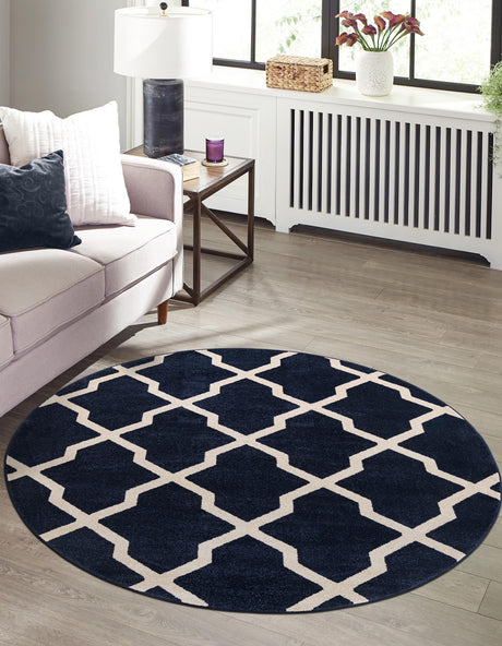 Navy Blue 6' 1 x 6' 1 Trellis Round Area Rug Geometric Modern Unique Durable Easy Clean Carpet for Contemporary Interior Design for Sale at Rug Engine