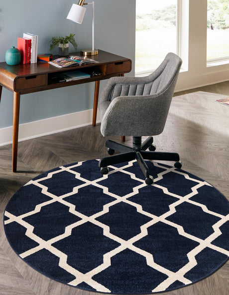 Navy Blue 3' 1 x 3' 1 Trellis Round Area Rug Geometric Modern Unique Durable Easy Clean Carpet for Contemporary Interior Design for Sale at Rug Engine
