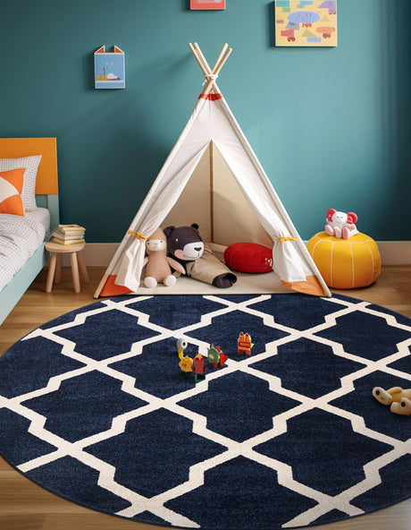 Navy Blue 7' 10 x 7' 10 Trellis Round Area Rug Geometric Modern Unique Durable Easy Clean Carpet for Contemporary Interior Design for Sale at Rug Engine