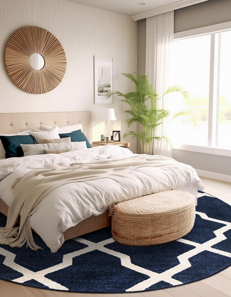 Navy Blue 6' 1 x 6' 1 Trellis Round Area Rug Geometric Modern Unique Durable Easy Clean Carpet for Contemporary Interior Design for Sale at Rug Engine