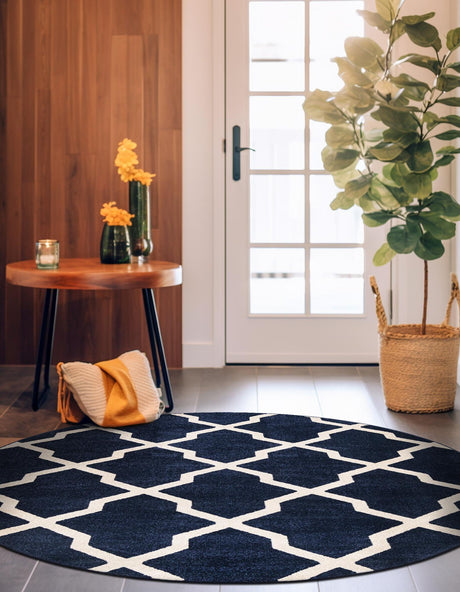 Navy Blue 3' 1 x 3' 1 Trellis Round Area Rug Geometric Modern Unique Durable Easy Clean Carpet for Contemporary Interior Design for Sale at Rug Engine