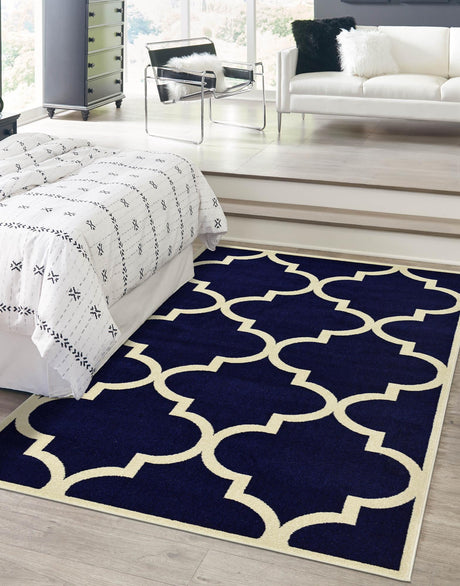 Navy Blue 6' 1 x 9' Trellis Rectangle Area Rug Geometric Modern Unique Durable Easy Clean Carpet for Contemporary Interior Design for Sale at Rug Engine