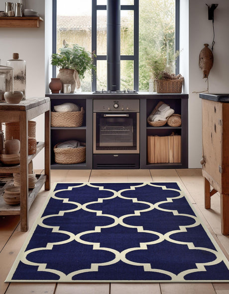 Navy Blue 2' x 3' 1 Trellis Rectangle Area Rug Geometric Modern Unique Durable Easy Clean Carpet for Contemporary Interior Design for Sale at Rug Engine